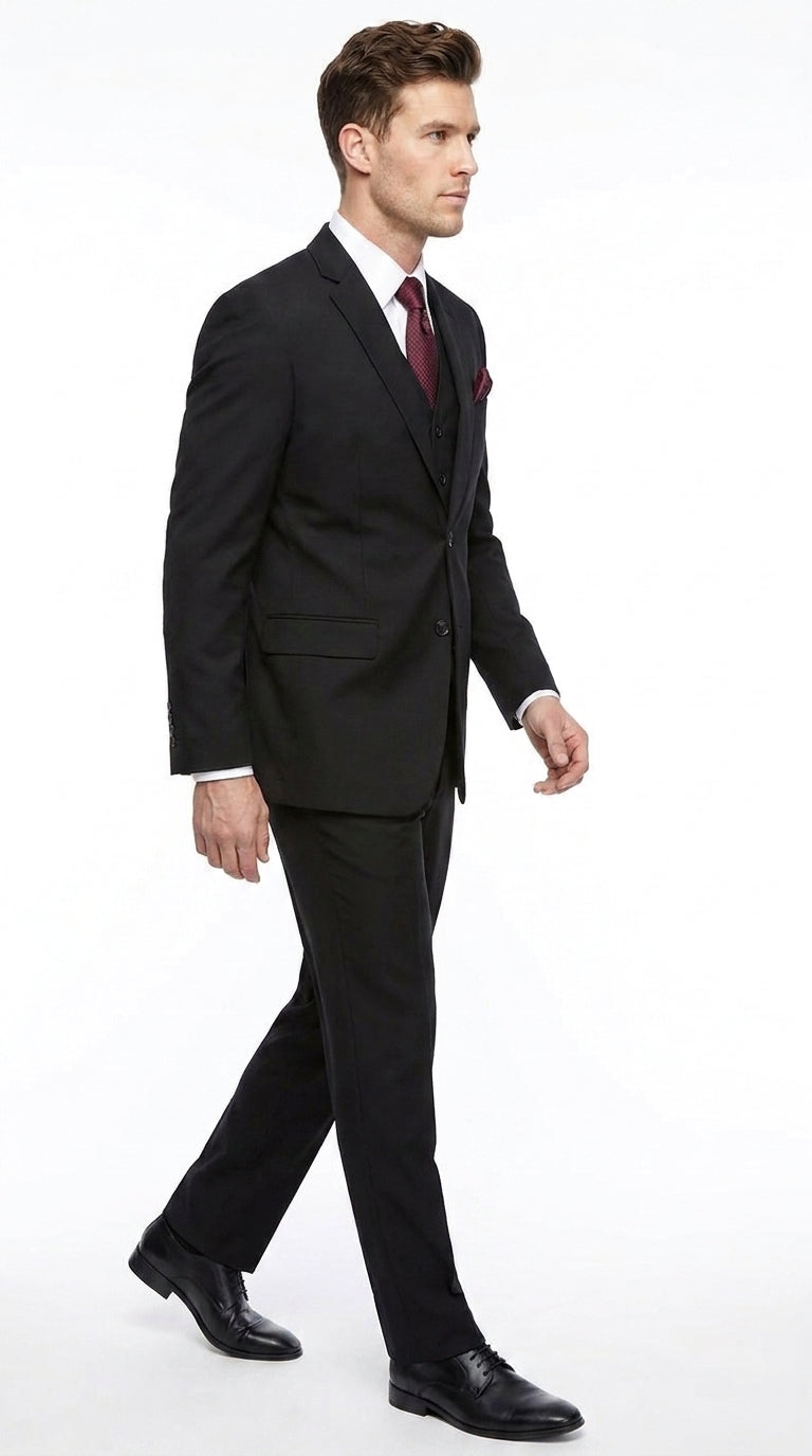 Men’s Black 3 Piece Wool Suit, Super 150’s Italian Fabric Business Wedding Formal Suit