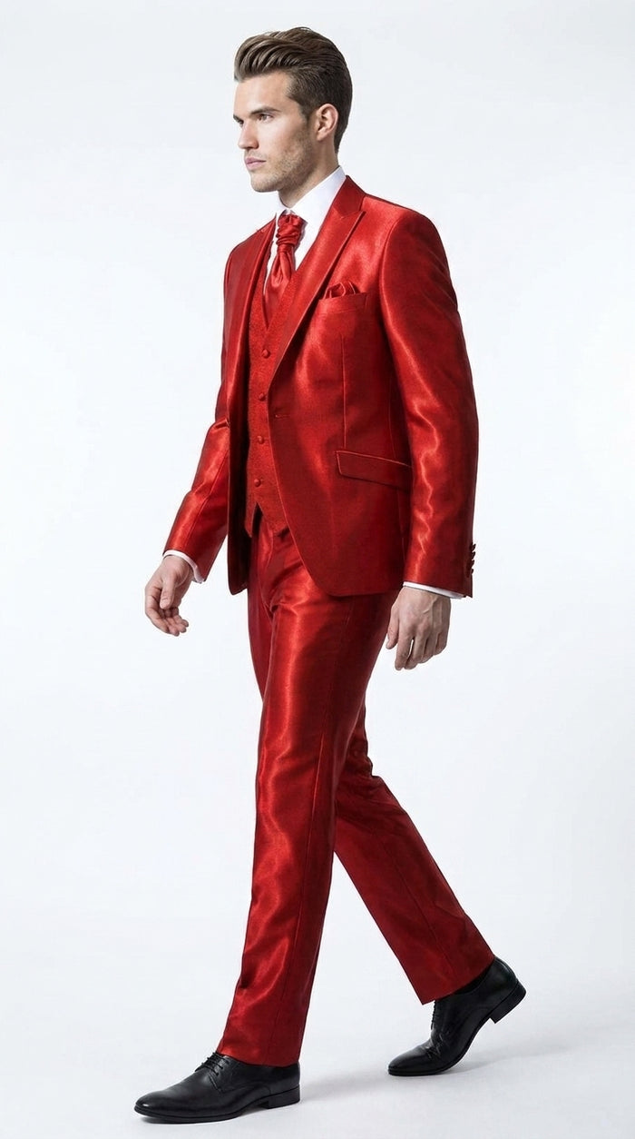 Men’s Red Shiny 3-Piece Suit – Satin Wedding, Prom, Party and Formal Suit with Vest