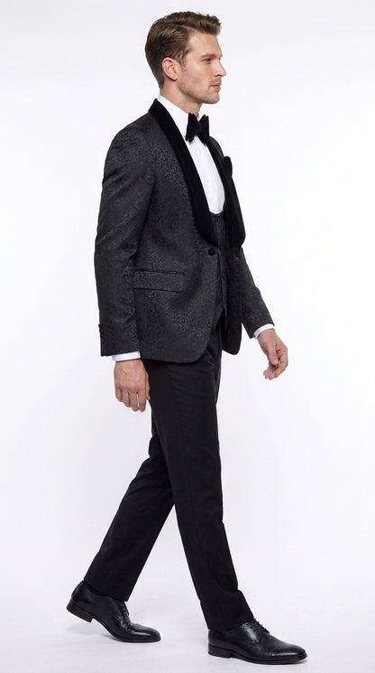 Rossi Man Men’s Black 3-Piece Tuxedo - Floral Jacquard Shawl Lapel Wedding and Prom Suit