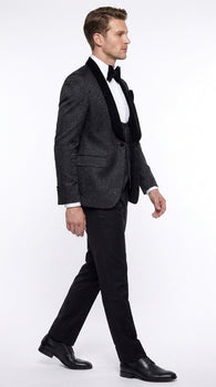 Rossi Man Men’s Black 3-Piece Tuxedo - Floral Jacquard Shawl Lapel Wedding and Prom Suit