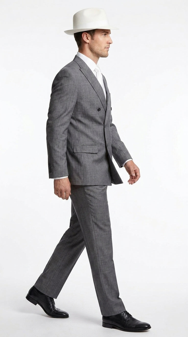 Men’s Grey 1920s Gangster Suit Package – Double-Breasted Suit with Untouchable Hat, Shirt and Tie