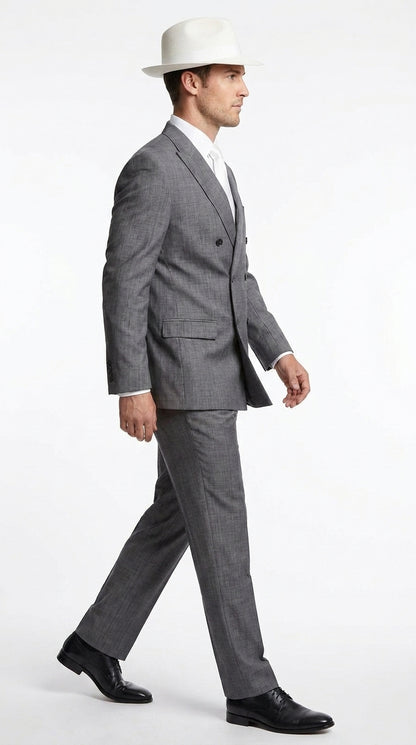 Men’s Grey 1920s Gangster Suit Package – Double-Breasted Suit with Untouchable Hat, Shirt and Tie