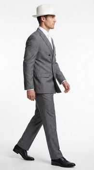 Men’s Grey 1920s Gangster Suit Package – Double-Breasted Suit with Untouchable Hat, Shirt and Tie