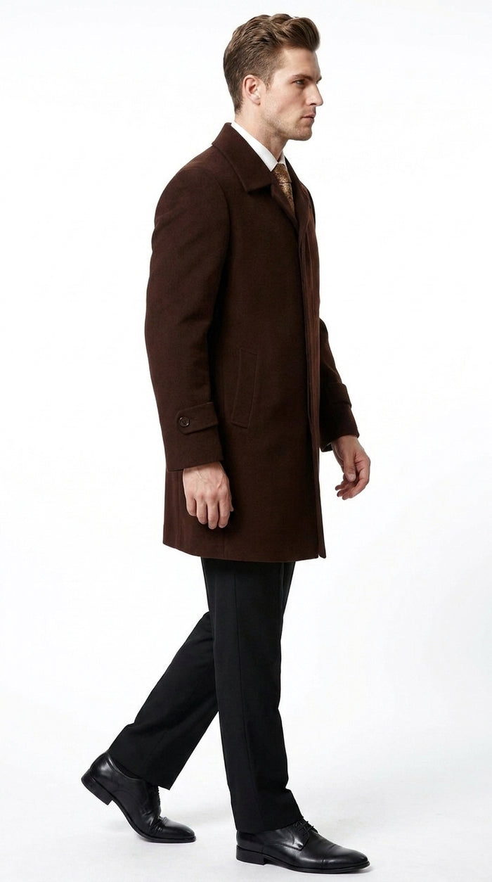 Men’s Brown Plush Microfiber Top Coat – Classic Full-Length Dress Coat for Business, Church and Formal Wear