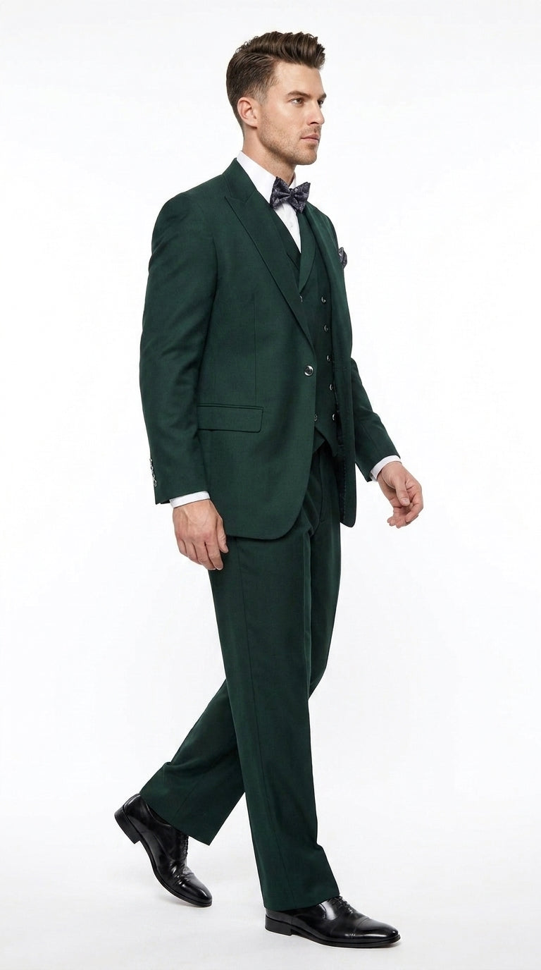 Men’s Hunter Green Big and Tall 3-Piece Wool Suit – Classic Fit Peak Lapel Suit with Double-Breasted Vest and Pleated Pants