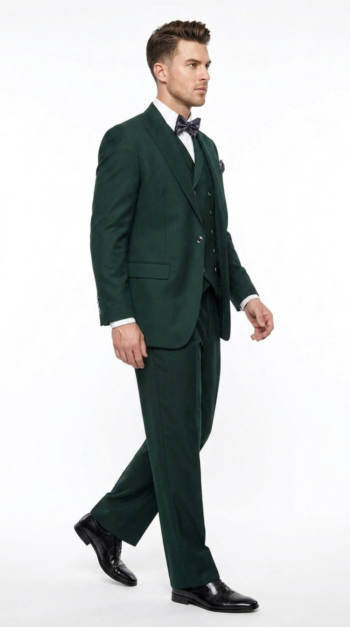 Men’s Hunter Green Big and Tall 3-Piece Wool Suit – Classic Fit Peak Lapel Suit with Double-Breasted Vest and Pleated Pants