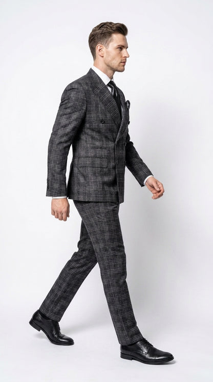 Rossi Man Men’s Charcoal Plaid Double-Breasted Suit – Windowpane Wedding, Business and Formal 2-Piece Suit  Modern Fit