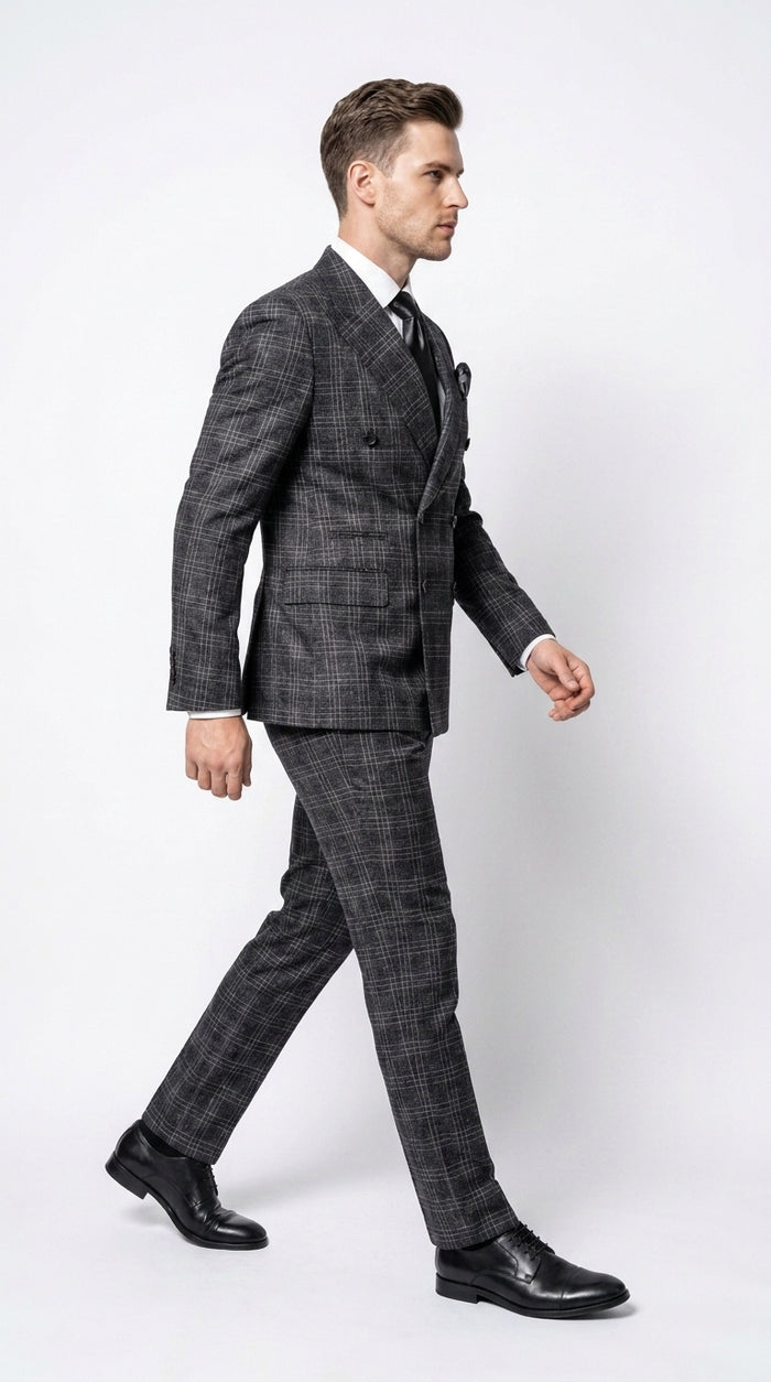 Rossi Man Men’s Charcoal Plaid Double-Breasted Suit – Windowpane Wedding, Business and Formal 2-Piece Suit  Modern Fit