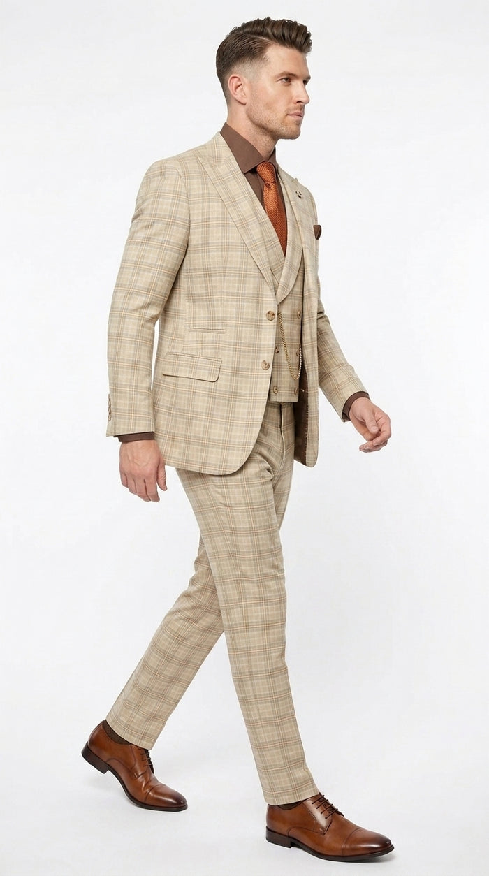 Marc Darcy Men’s Khaki Tan Windowpane Plaid 3-Piece Wedding Suit – Double-Breasted Vest and Matching Pants Modern Fit