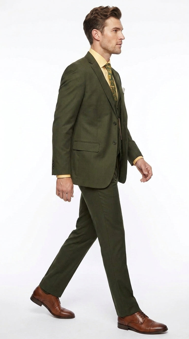 Men's Olive Green 3 Piece Suit – Classic Fit Vested Wedding, Business & Formal Suit with Flat Front Pants