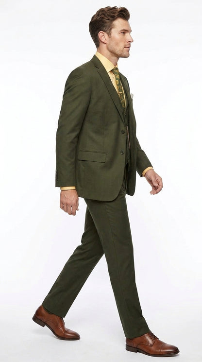 Men's Olive Green 3 Piece Suit – Classic Fit Vested Wedding, Business & Formal Suit with Flat Front Pants