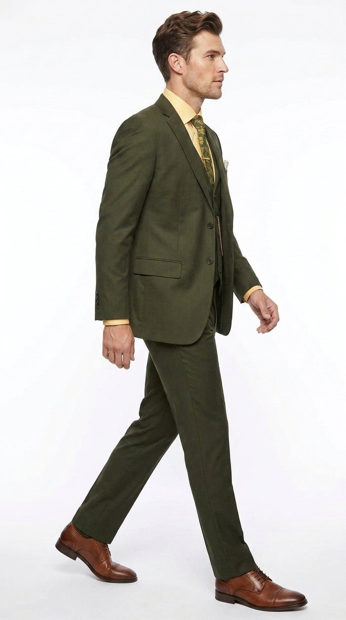 Men's Olive Green 3 Piece Suit – Classic Fit Vested Wedding, Business & Formal Suit with Flat Front Pants