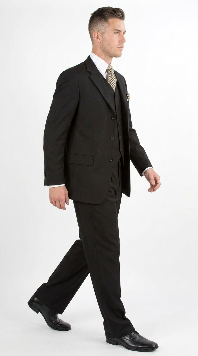 Men’s Black 3-Piece Suit – Classic Fit Three-Button Vested Suit with Single-Pleated Pants