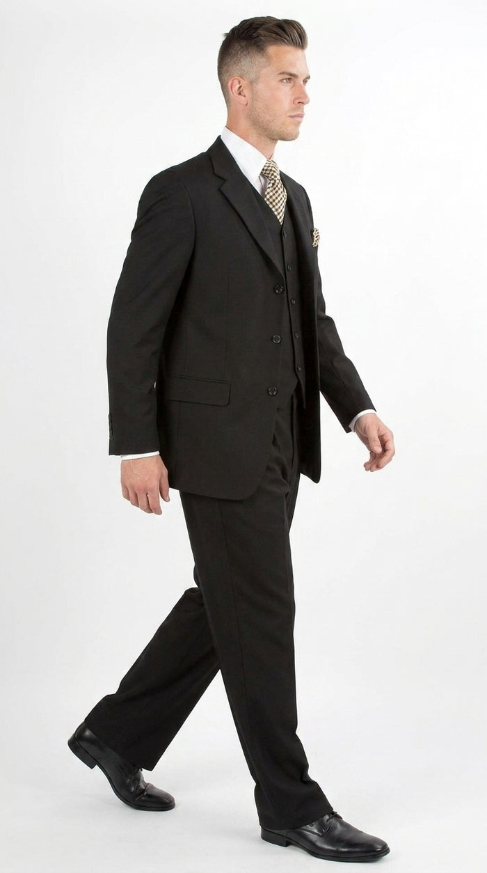 Men’s Black 3-Piece Suit – Classic Fit Three-Button Vested Suit with Single-Pleated Pants