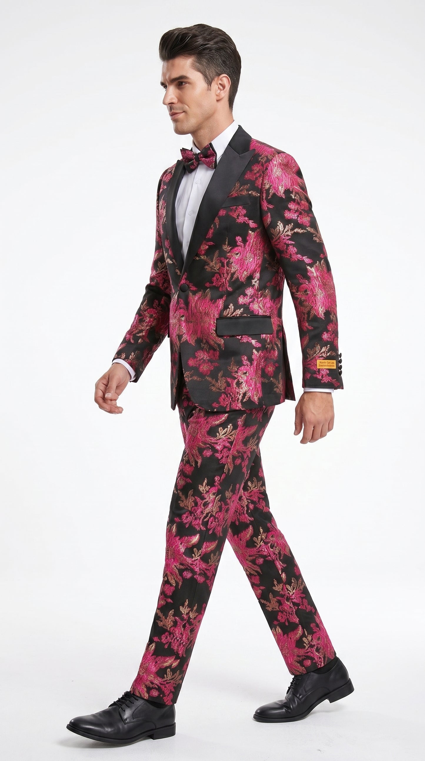 Men’s Fuchsia Pink and Black Floral Paisley Prom Tuxedo Suit, Shawl Lapel Wedding Party Formal Wear