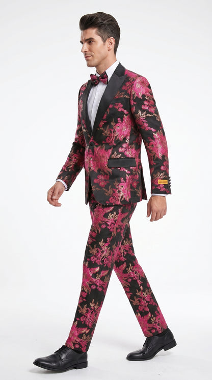 Men’s Fuchsia Pink and Black Floral Paisley Prom Tuxedo Suit, Shawl Lapel Wedding Party Formal Wear
