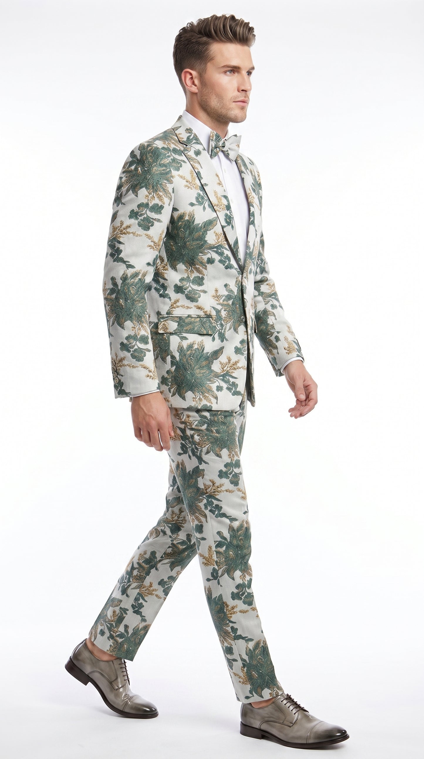 Men’s Green and Gold Floral Paisley Tuxedo Suit with Matching Bow Tie, Fancy Prom Wedding Formal Suit Set
