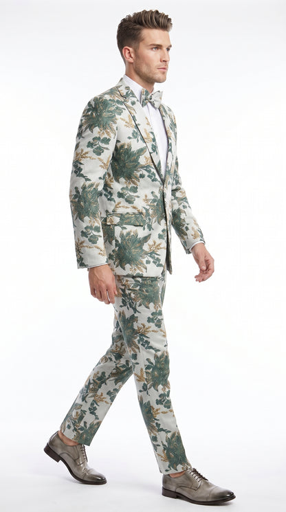 Men’s Green and Gold Floral Paisley Tuxedo Suit with Matching Bow Tie, Fancy Prom Wedding Formal Suit Set