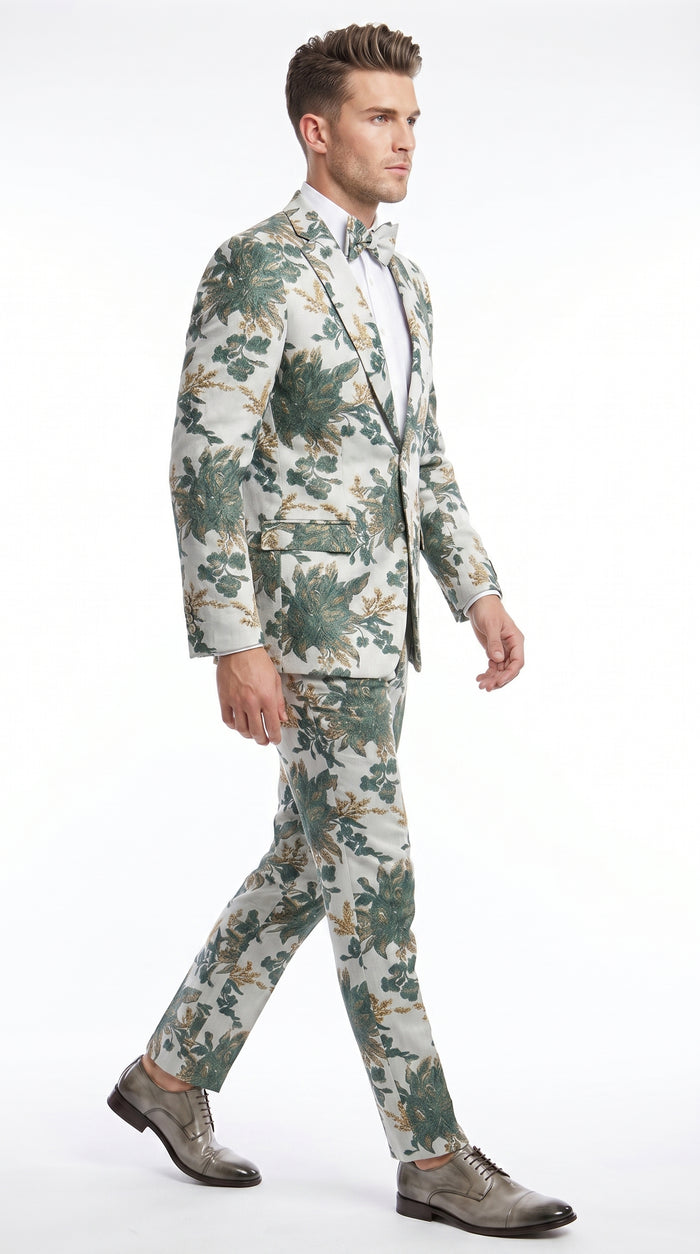 Men’s Green and Gold Floral Paisley Tuxedo Suit with Matching Bow Tie, Fancy Prom Wedding Formal Suit Set