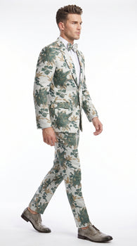 Men’s Green and Gold Floral Paisley Tuxedo Suit with Matching Bow Tie, Fancy Prom Wedding Formal Suit Set