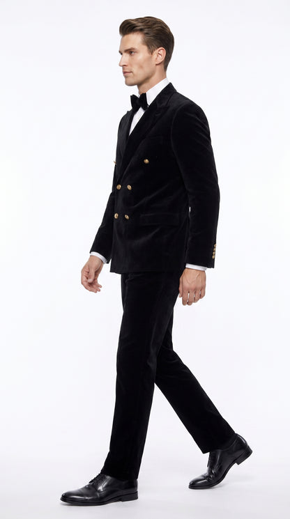 Men’s Rossi Man Zeus Black Velvet Double Breasted Tuxedo Suit, Formal Wedding Prom Dinner Suit Set