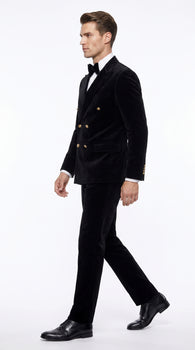 Men’s Rossi Man Zeus Black Velvet Double Breasted Tuxedo Suit, Formal Wedding Prom Dinner Suit Set