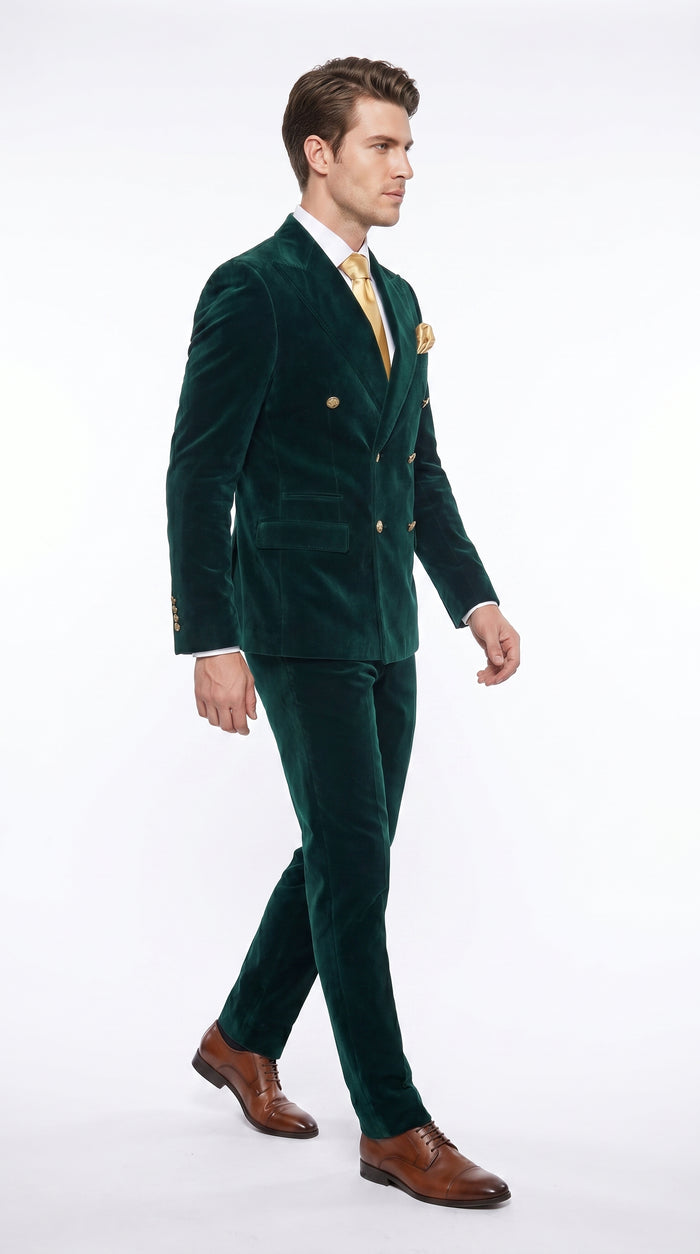 Men’s Rossi Man Zeus Emerald Green Velvet Double Breasted Tuxedo Suit, Formal Wedding Prom Dinner Suit