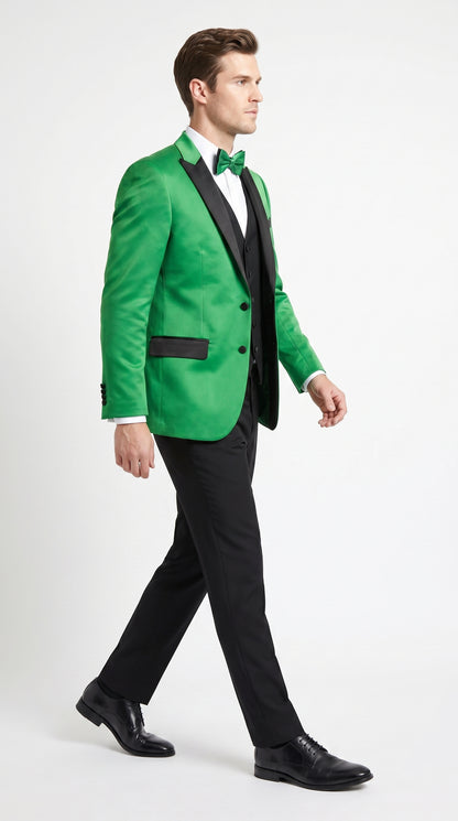 Men’s Emerald Green Tuxedo with Black Shawl Lapel, Black Vest and Pants – Formal 3 Piece Prom Wedding Suit