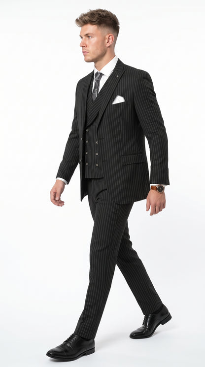 Men’s Black Gangster Pinstripe 3-Piece Suit – 2 Button Jacket with Double-Breasted Vest, Modern Fit