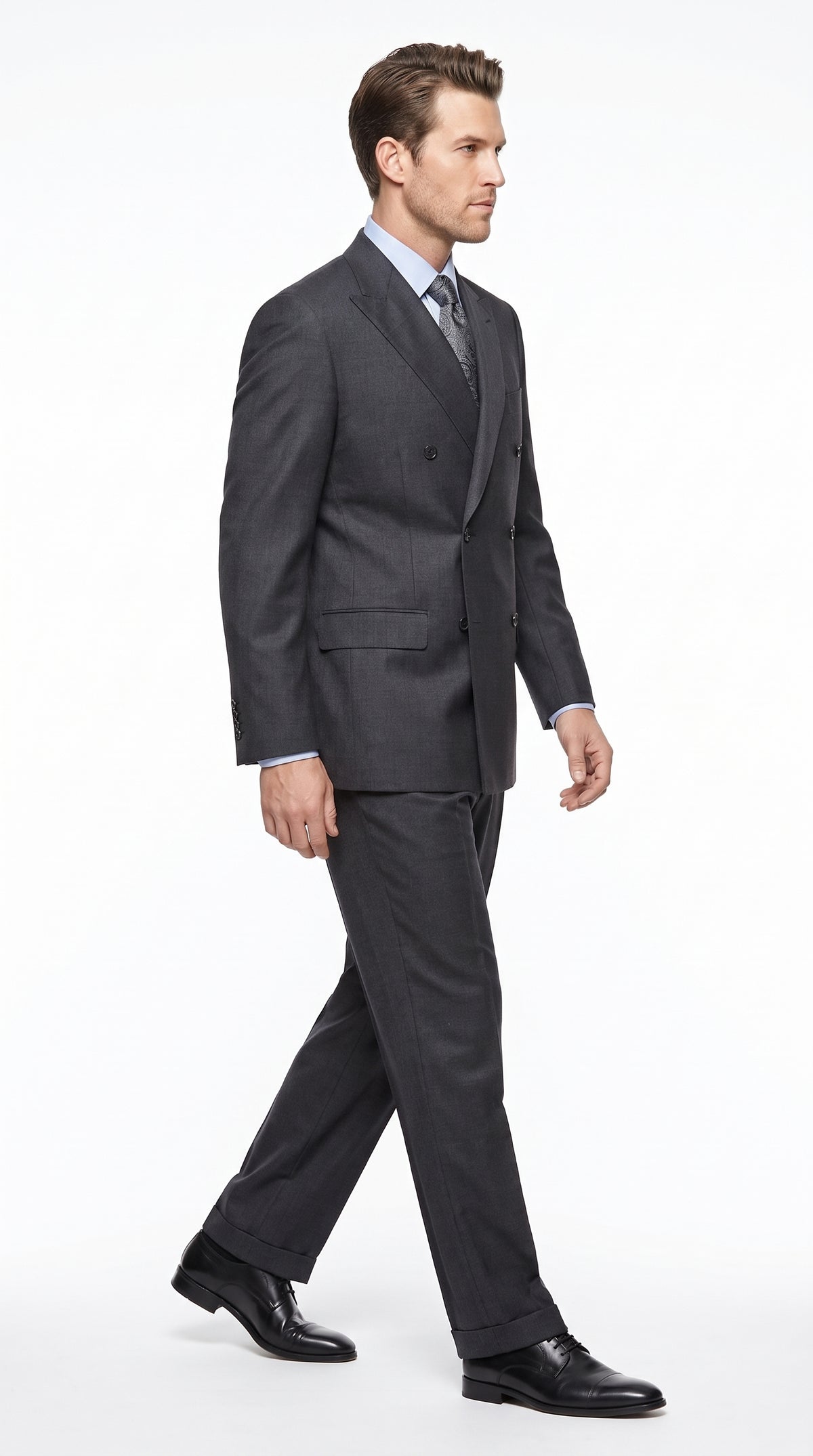 Men’s Dark Grey Double-Breasted Wool Suit – Peak Lapel, Side Vent & Pleated Pants Formal Suit