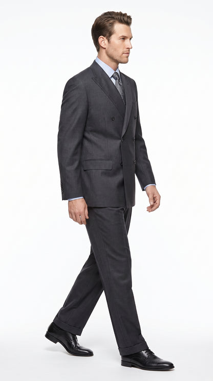 Men’s Dark Grey Double-Breasted Wool Suit – Peak Lapel, Side Vent & Pleated Pants Formal Suit