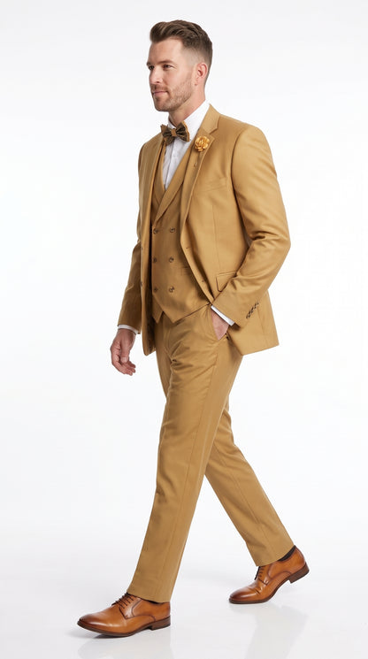 Men’s Camel Classic Fit 3 Piece Suit, Vested Formal Wedding Prom Suit with Knee Lined Pants