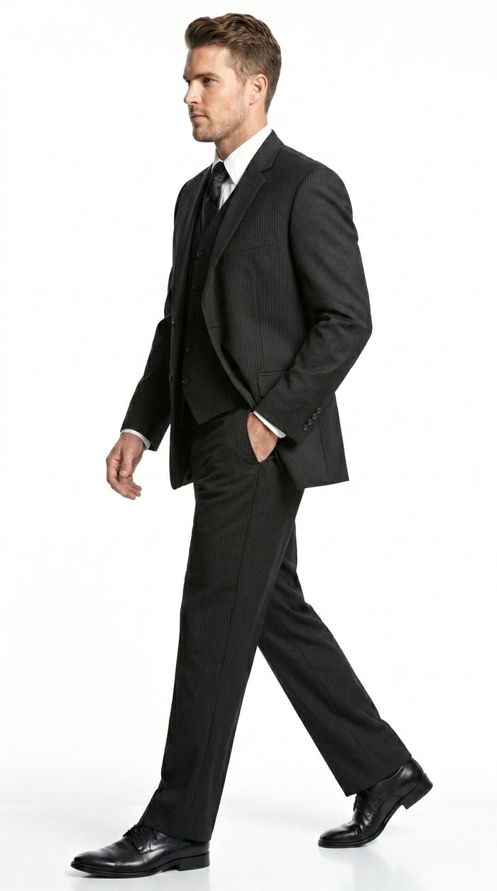 Men’s Black Shadow Stripe 3 Piece Suit, Tone on Tone Pinstripe Italian Design Formal Suit
