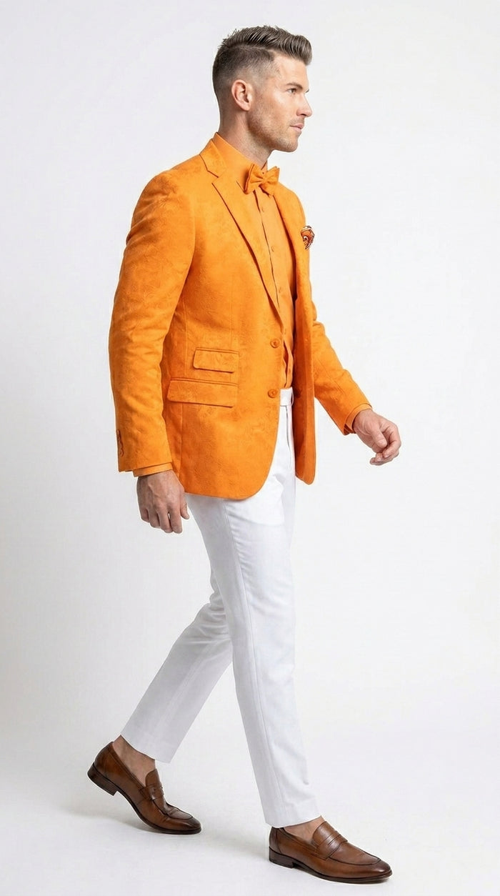 Men’s Mango Orange Blazer White Pants Formal Outfit