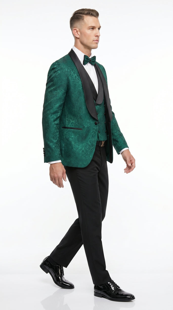 Men’s Hunter Green Textured Pattern  Suit with Black Shawl Lapel, Formal Wedding Prom Suit Modern Fit