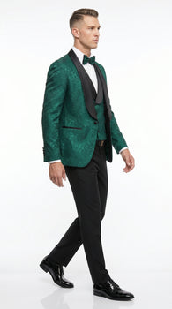 Men’s Hunter Green Textured Pattern Modern Fit Suit with Black Shawl Lapel, Formal Wedding Prom Suit