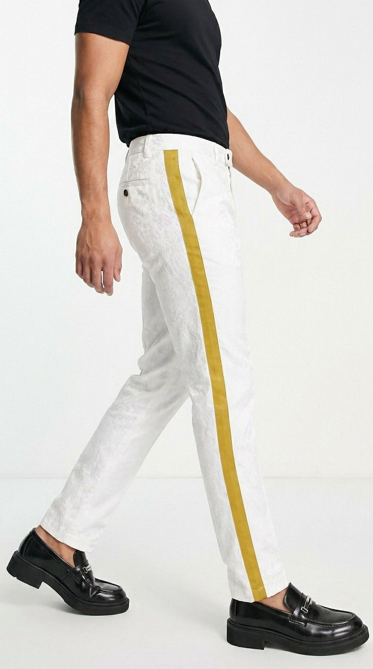 Men’s White Tuxedo Pants with Gold Sateen Side Stripe – Formal Dress Pants for Wedding and Prom