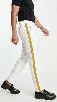 Men’s White Tuxedo Pants with Gold Sateen Side Stripe – Formal Dress Pants for Wedding and Prom