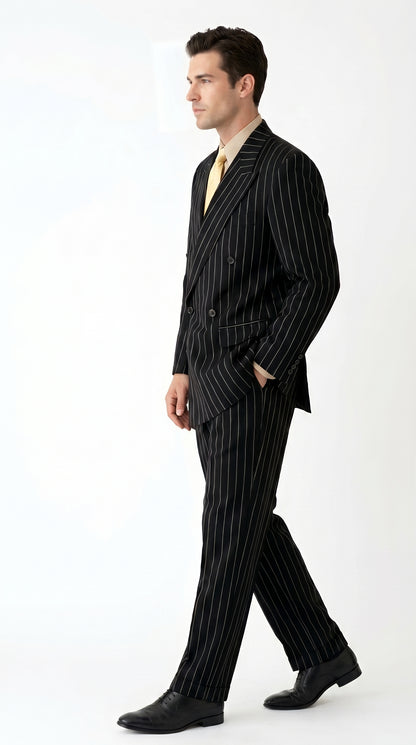 Men’s Black Pinstripe Double Breasted Suit, Super 120s Acrylic Rayon Formal Dress Suit Modern Fit