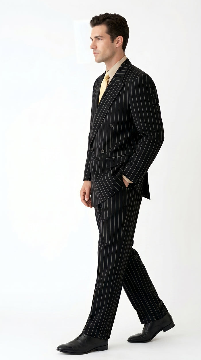 Men’s Black Pinstripe Double Breasted Suit, Super 120s Acrylic Rayon Formal Dress Suit Modern Fit