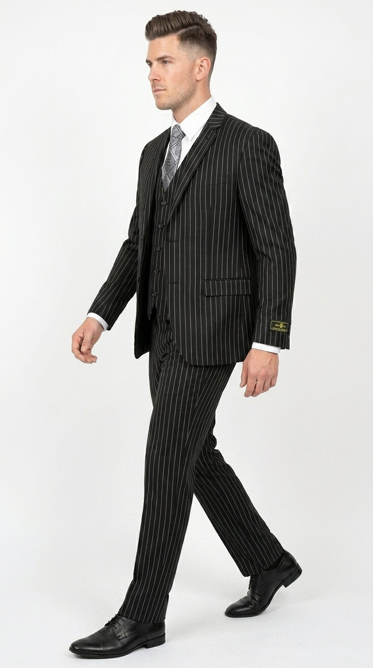 Men’s Jet Liquid Black Suit with White Pinstripes, 2 Button Vested Formal Dress Suit Modern Fit