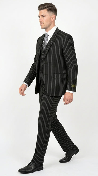 Men’s Jet Liquid Black Suit with White Pinstripes, 2 Button Vested Formal Dress Suit Modern Fit