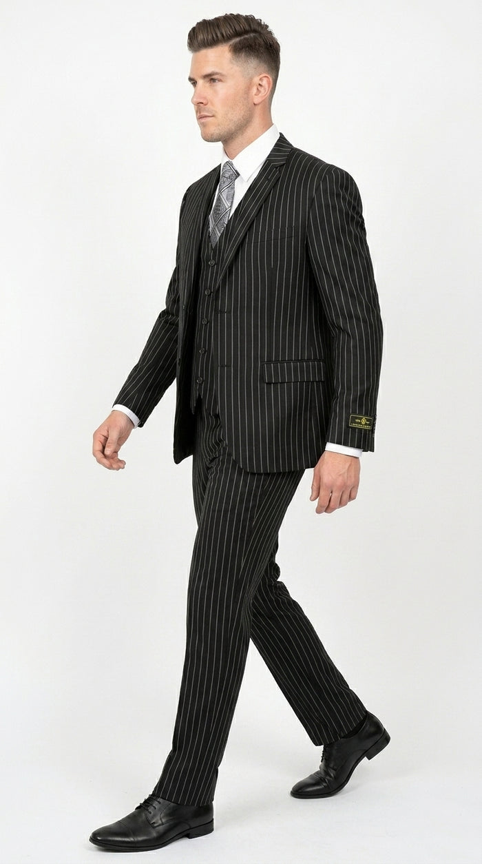 Men’s Jet Liquid Black Suit with White Pinstripes, 2 Button Vested Formal Dress Suit Modern Fit