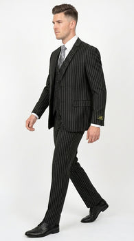 Men’s Jet Liquid Black Suit with White Pinstripes, 2 Button Vested Formal Dress Suit