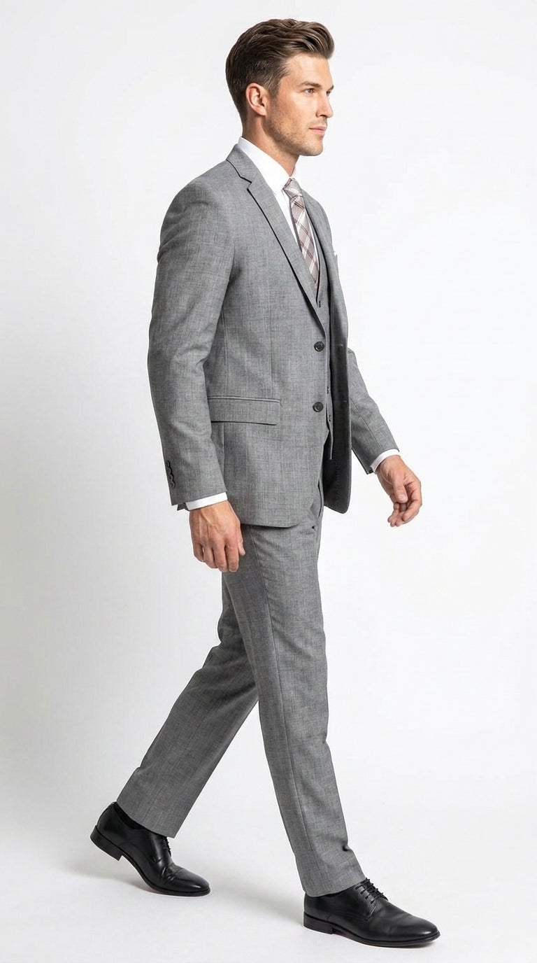 Men’s Charcoal Grey Windowpane Plaid 3 Piece Suit, 2 Button Vested Formal Dress Suit