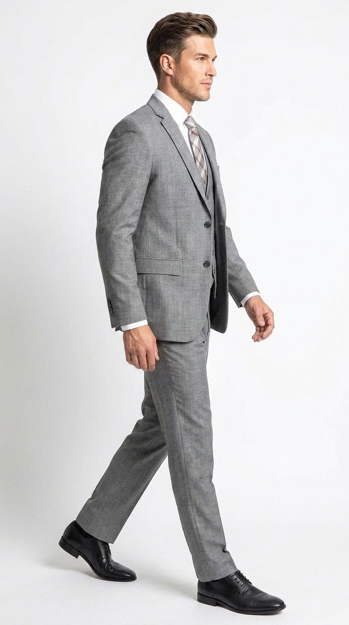 Men’s Charcoal Grey Windowpane Plaid 3 Piece Suit, 2 Button Vested Formal Dress Suit