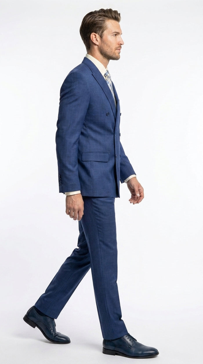 Vinci Men’s Blue Double Breasted Glen Plaid 2 Piece Suit, Formal Wedding Business Dress Suit Modern Fit