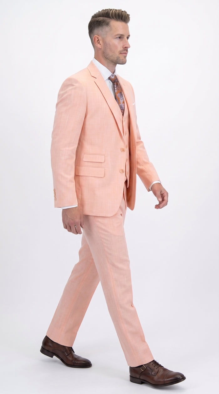 Men’s Peach Light Orange Blush 3 Piece Summer Suit with 2 Button Jacket and Ticket Pocket