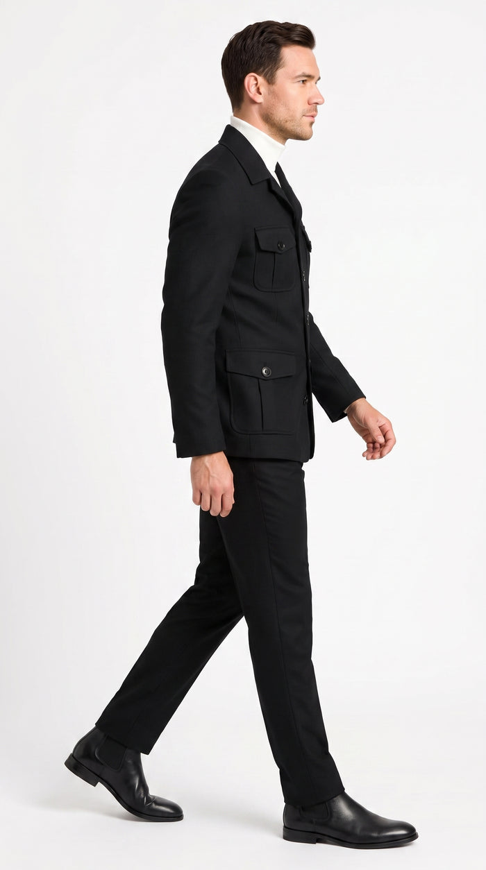 Men’s Black Safari Walking Suit, Utility Jacket and Trousers Casual Dress Set