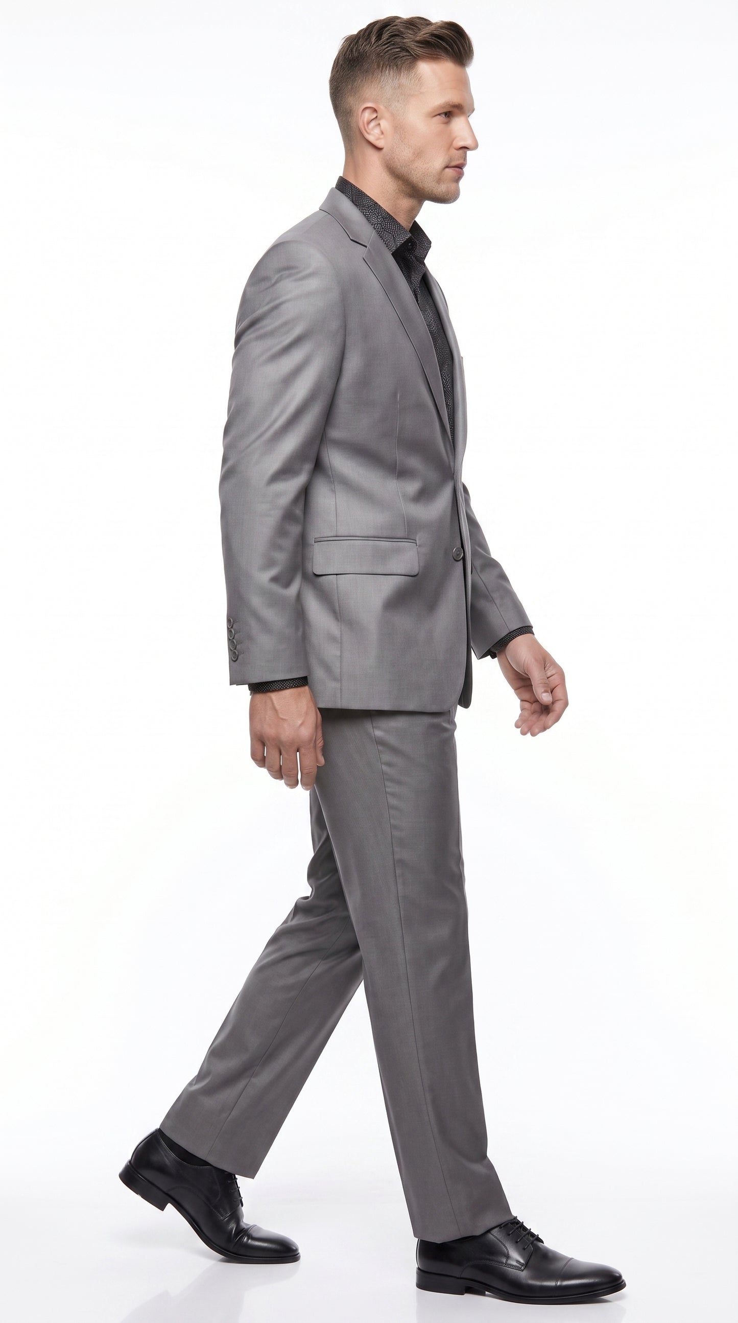 Men’s Silver Gray Shiny Sharkskin 2 Button Suit, Formal Wedding Business Dress Suit